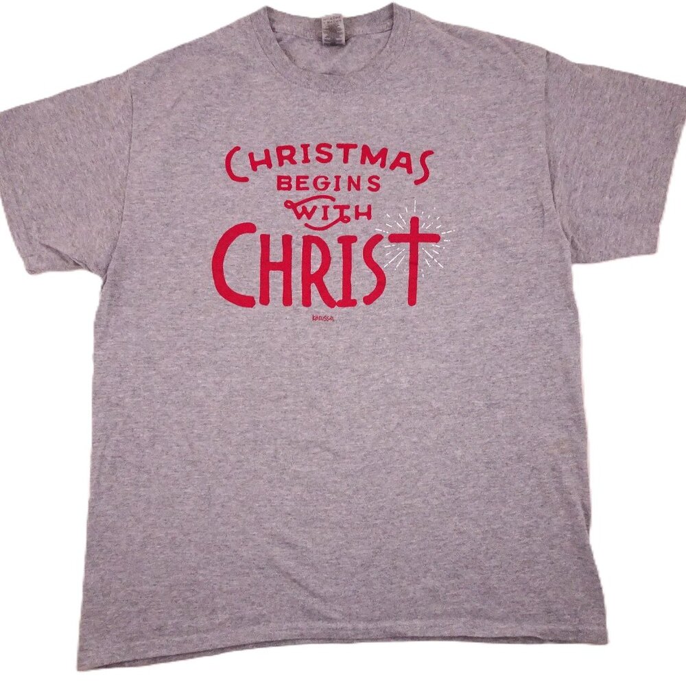 Kerusso Christmas Begins with Christ t-shirt Large Jesus Christian Gray L Church